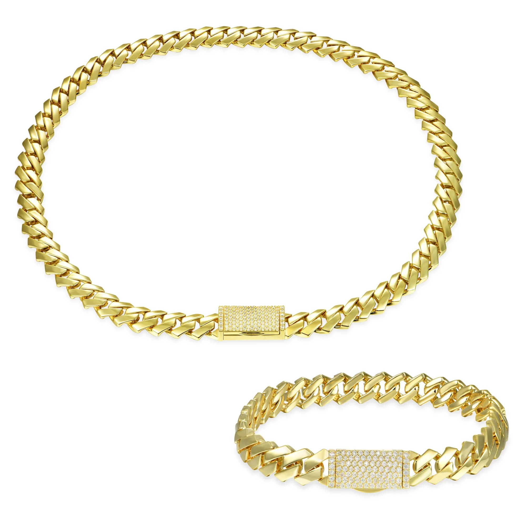 10mm Plain Gold Prong Cuban Link Chain + Bracelet Bundle