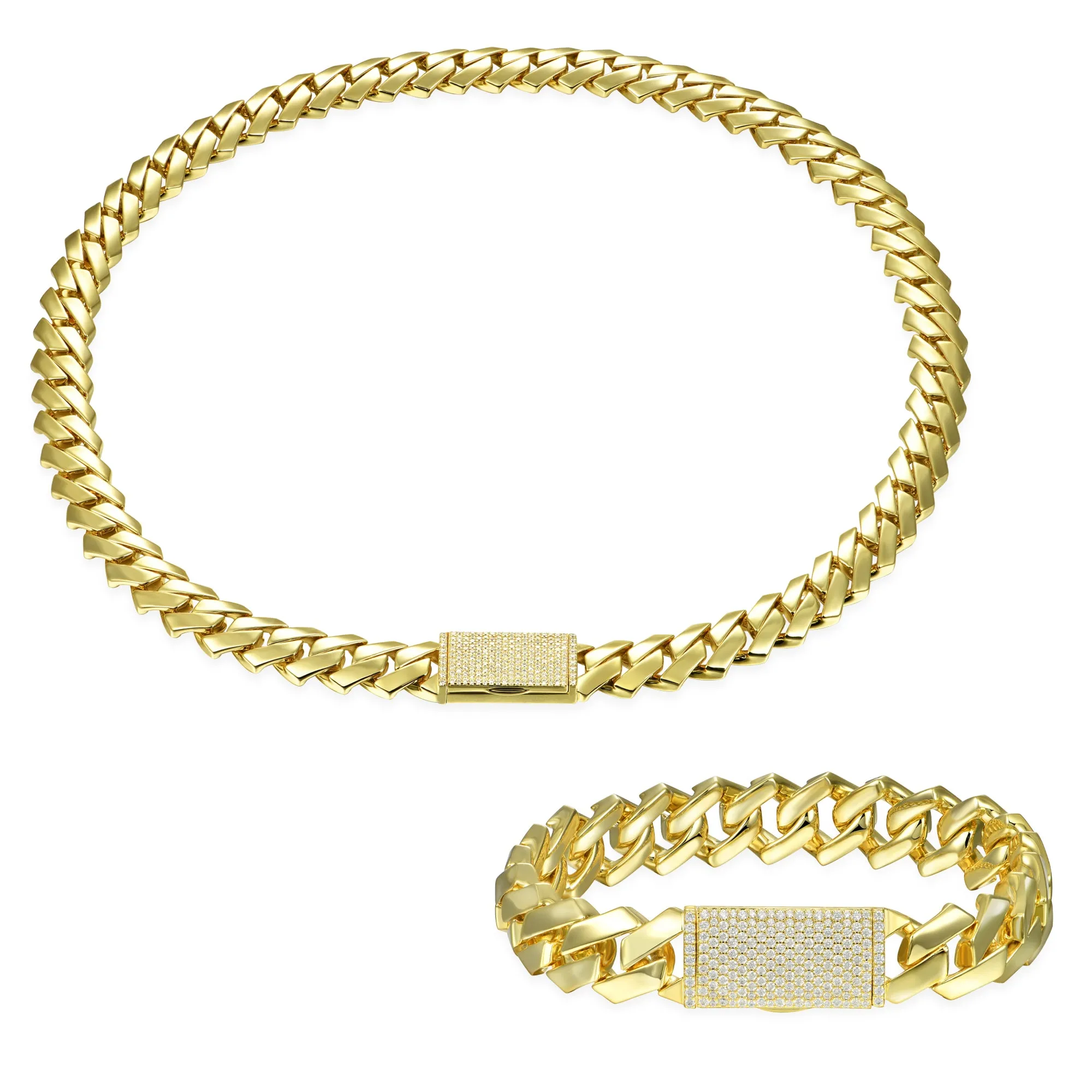 12mm Plain Gold Prong Cuban Link Chain + Bracelet Bundle