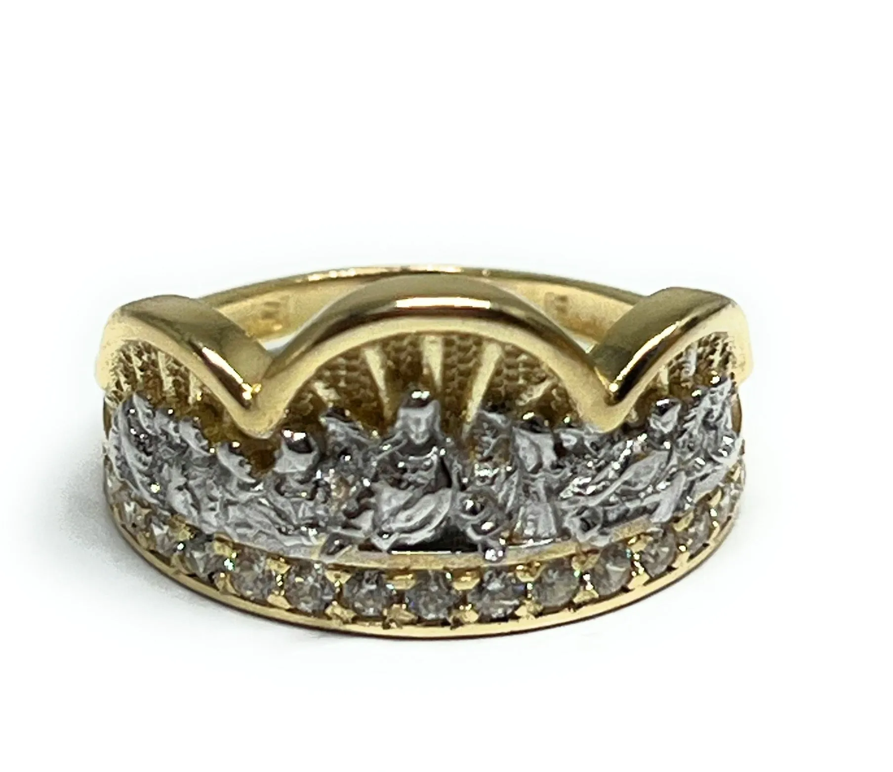 14k SOLID GOLD YELLOW & WHITE GOLD WIDE LAST SUPPER RING (6.9g)