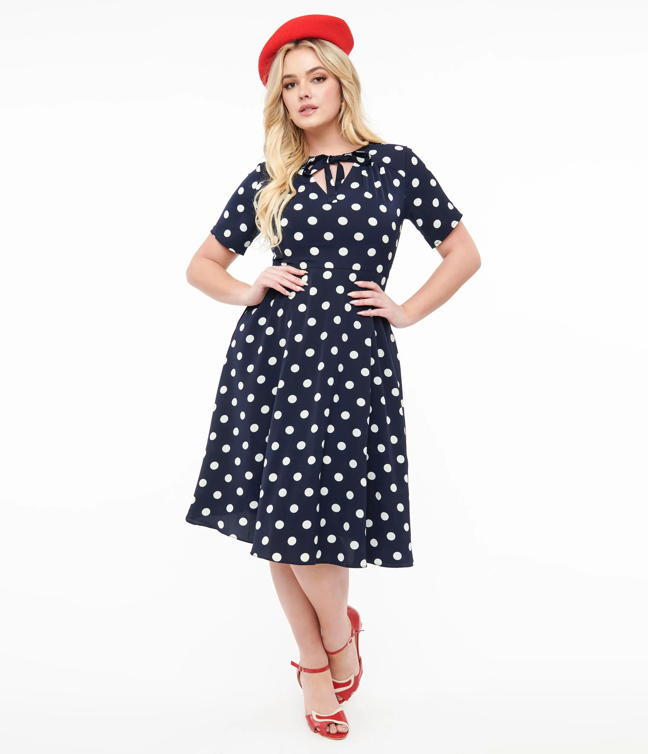 1940s Navy & White Polka Dot Set Sail Swing Dress