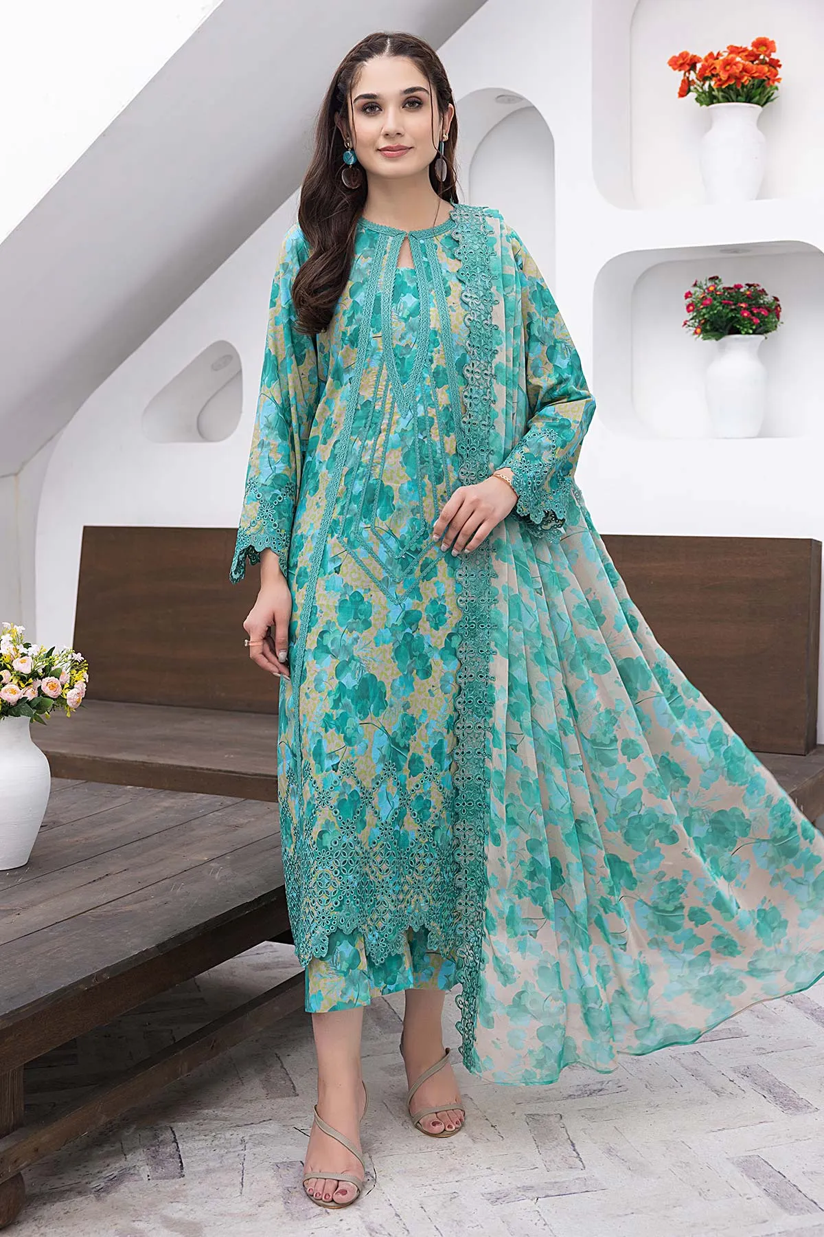 3-Pc Unstitched Printed Embroidered Lawn Suit With Embroidered Chiffon Dupatta CRB23-21