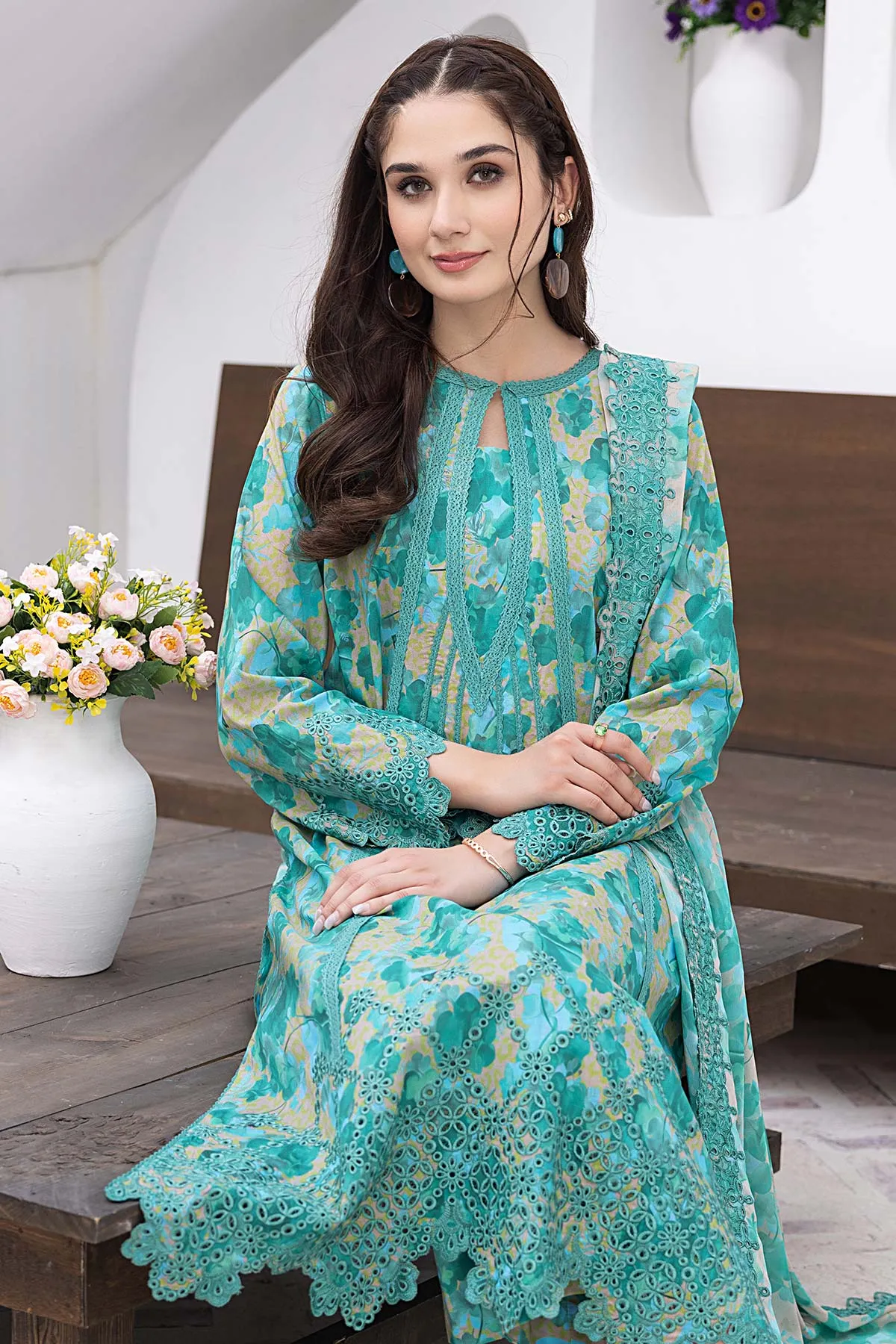 3-Pc Unstitched Printed Embroidered Lawn Suit With Embroidered Chiffon Dupatta CRB23-21