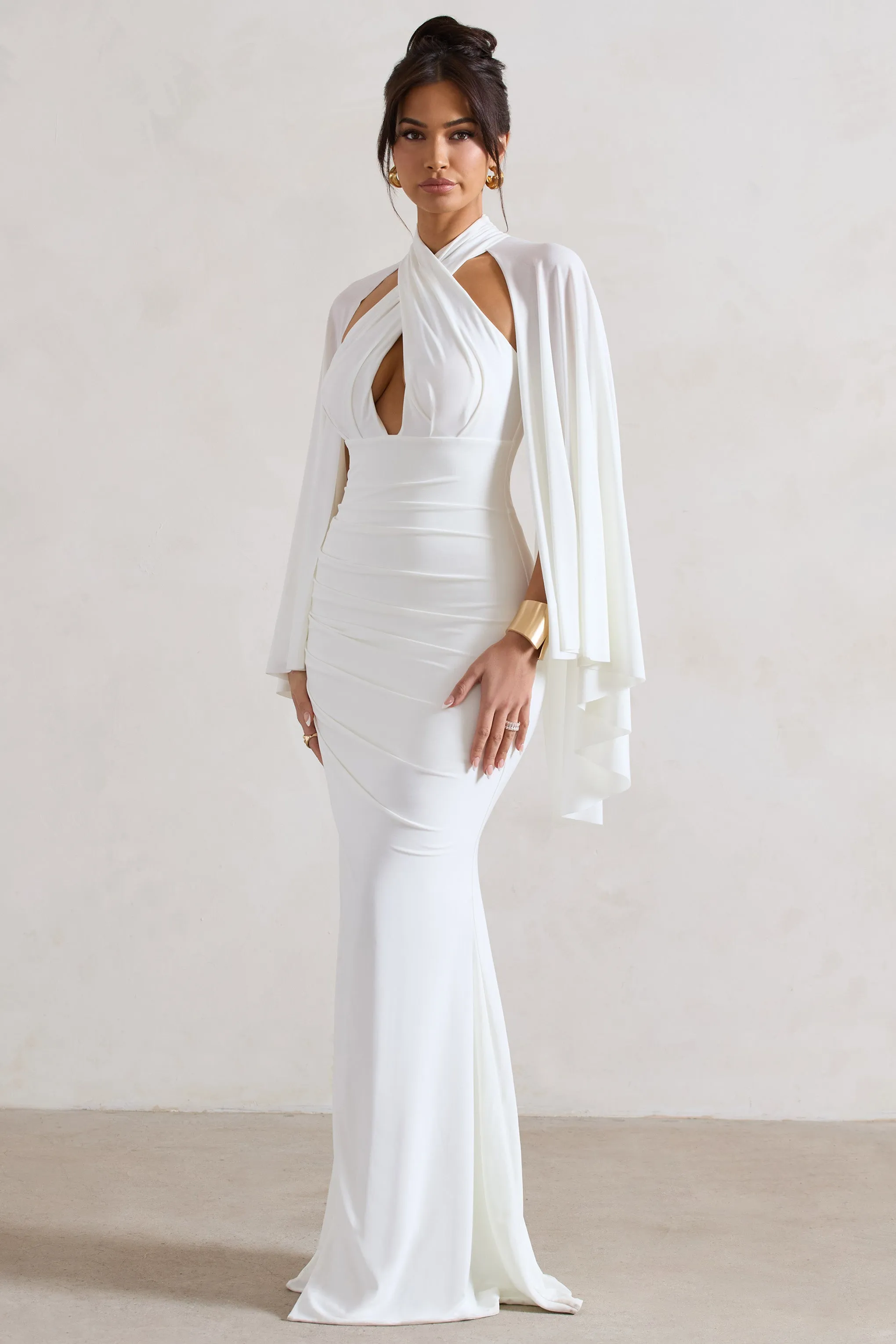 Audrina | White Ruched Halter-Neck Split Maxi Dress With Cape