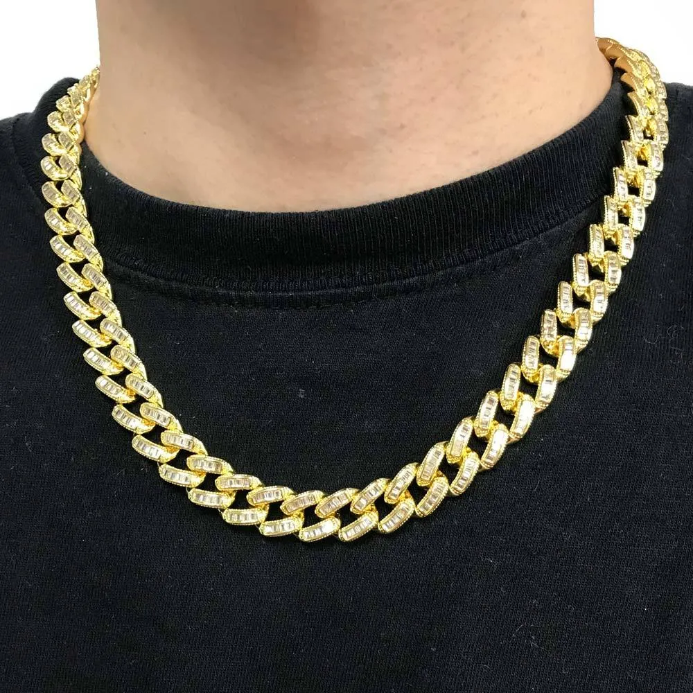 Baguette Stones Cuban Chain 11MM Wide  White / Yellow Gold