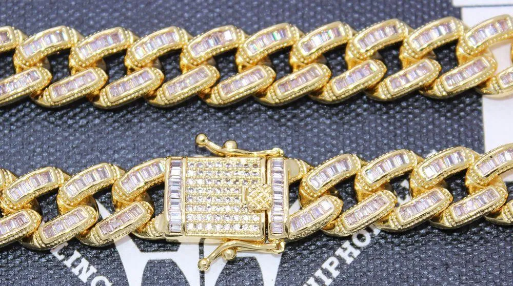 Baguette Stones Cuban Chain 11MM Wide  White / Yellow Gold