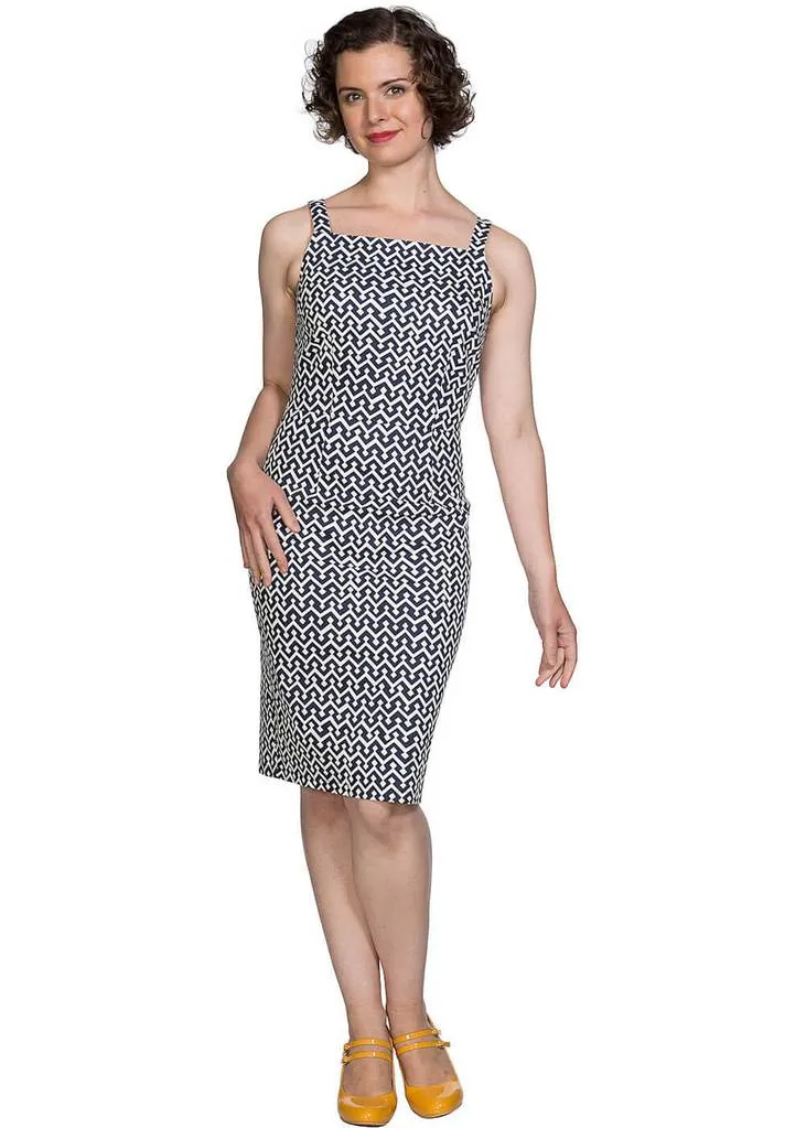 Banned Tile 60's Pencil Dress Navy