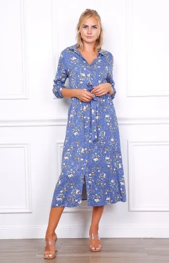 Blue flower pattern shirt dress