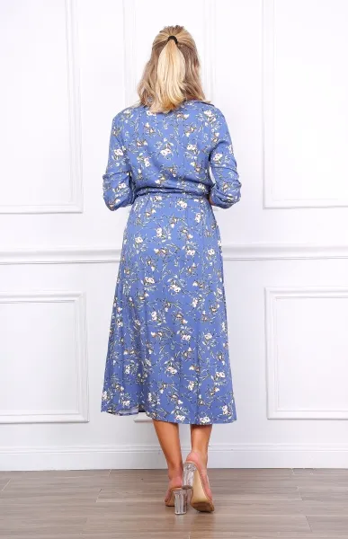 Blue flower pattern shirt dress