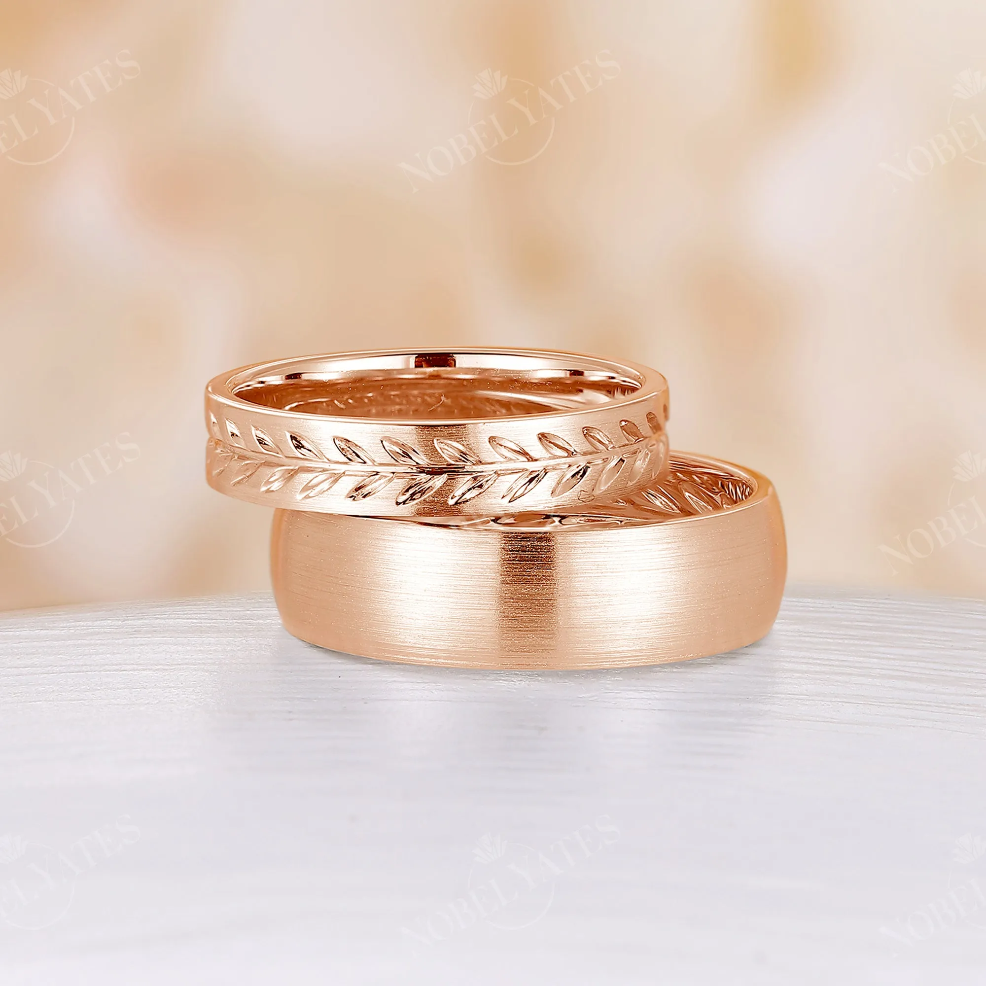 Brushed Finish Mens Wide Band Full eternity Nature Leaf Couple Ring