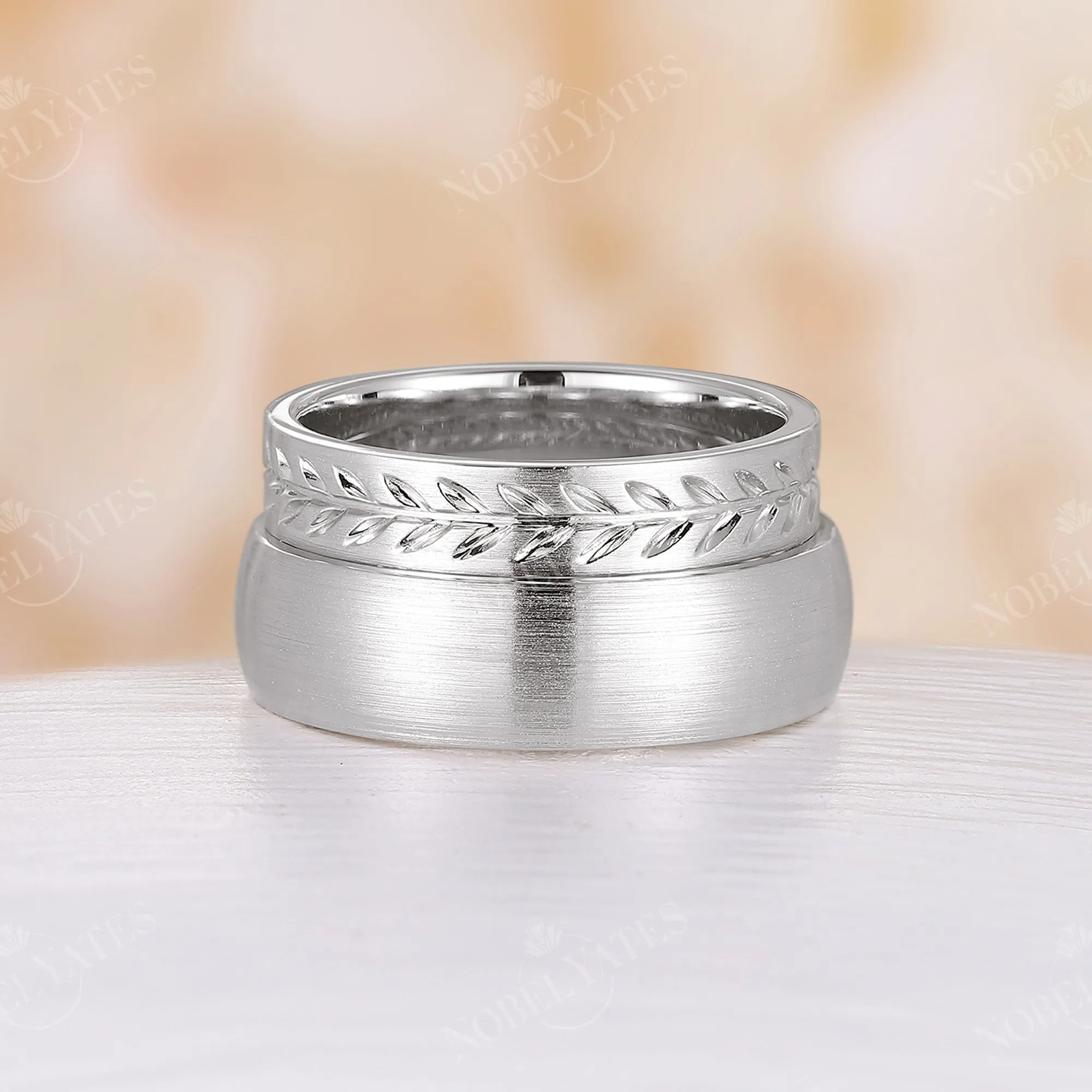 Brushed Finish Mens Wide Band Full eternity Nature Leaf Couple Ring