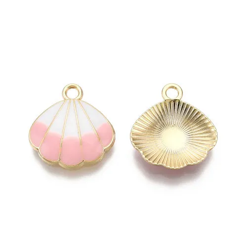 Charms, Shell, Single-Sided, Pink, White, Enamel, Light Gold Plated, Alloy, 18mm