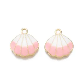 Charms, Shell, Single-Sided, Pink, White, Enamel, Light Gold Plated, Alloy, 18mm