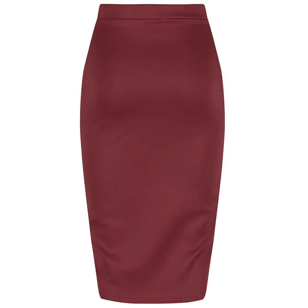 Classic Stretch Burgundy Wine Pencil Bodycon Midi Work Office Skirt