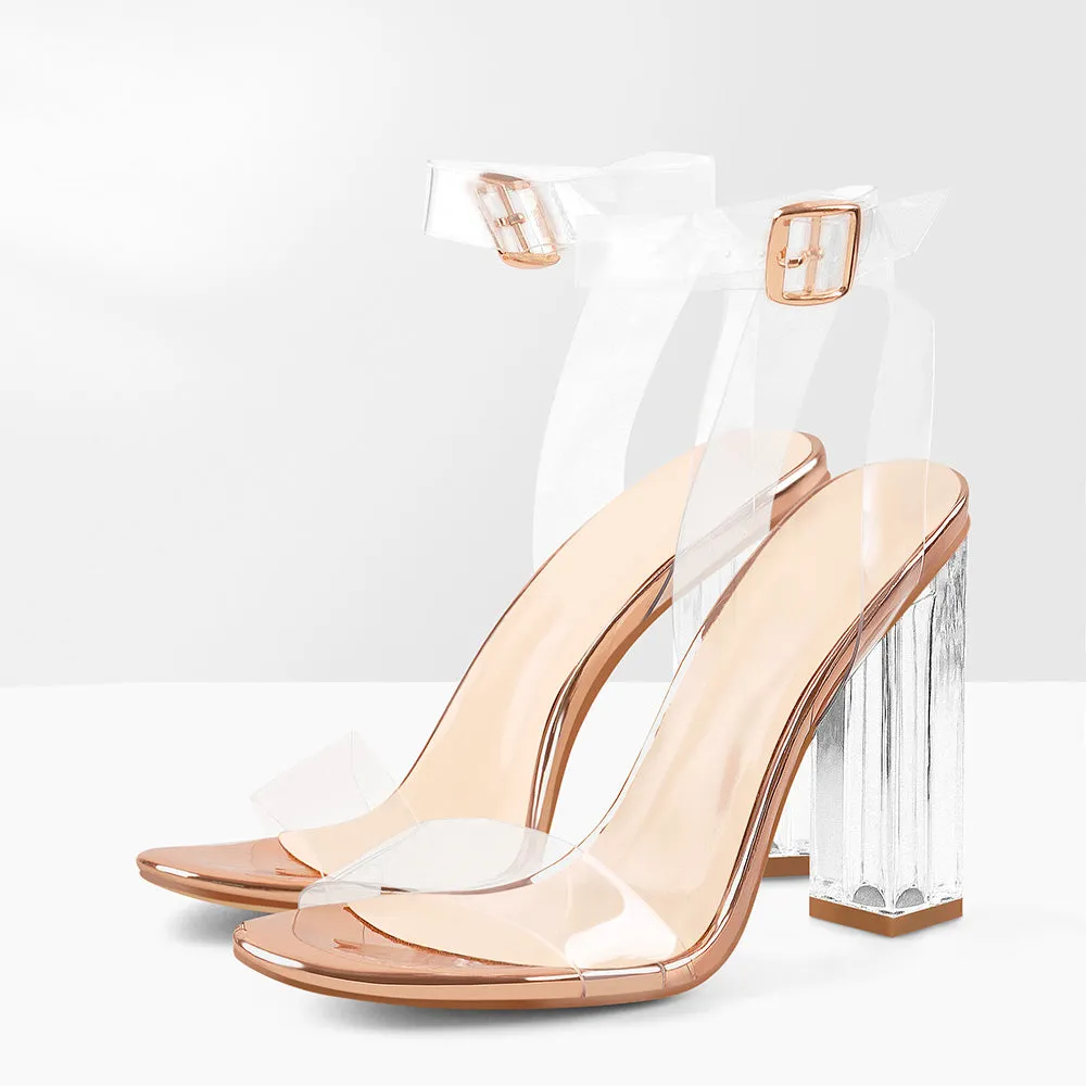 Clear Ankle Strap Perspex Rose Gold High Heel Sandals