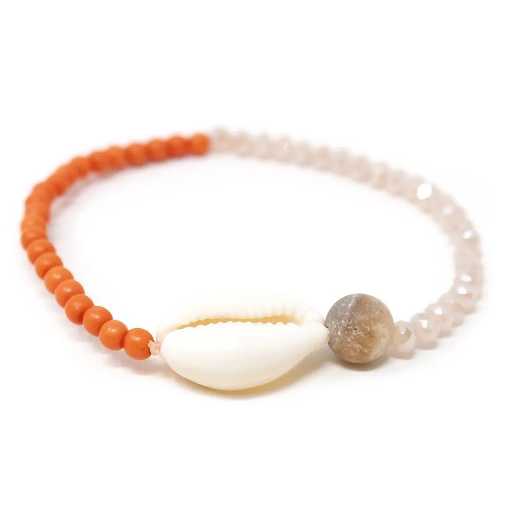 Cowrie Shell Glass Beaded Stretch Bracelet Peach and Coral