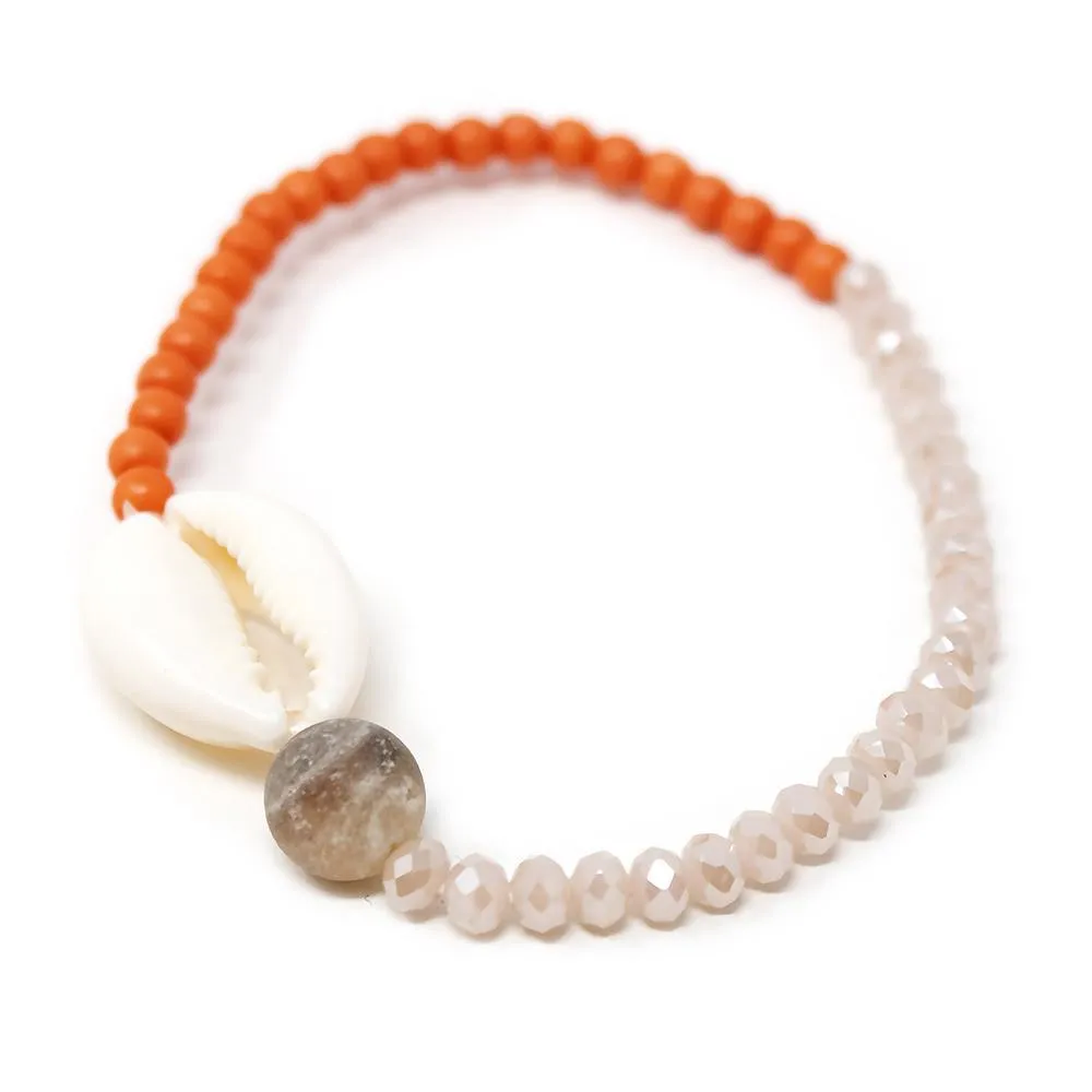 Cowrie Shell Glass Beaded Stretch Bracelet Peach and Coral