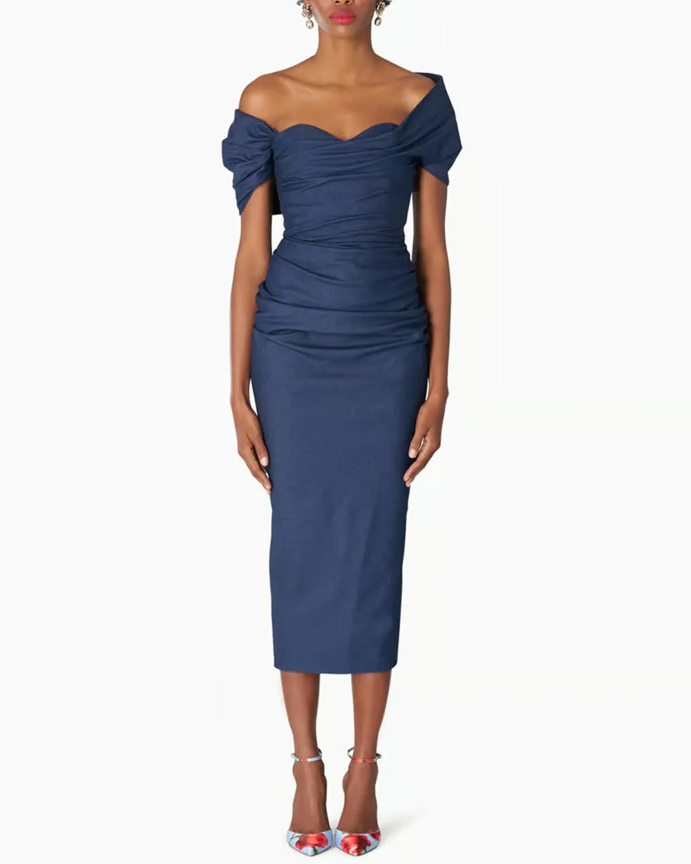 Dark Navy Denim Off The Shoulder Ruched Midi Dress