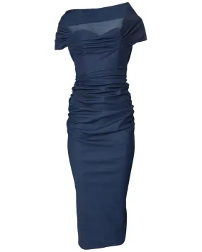 Dark Navy Denim Off The Shoulder Ruched Midi Dress