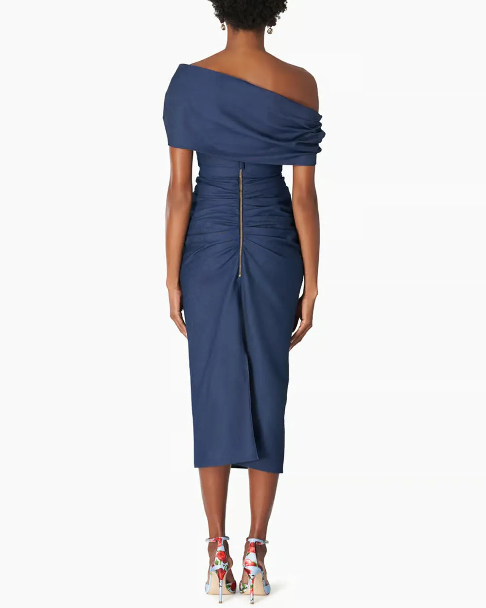 Dark Navy Denim Off The Shoulder Ruched Midi Dress