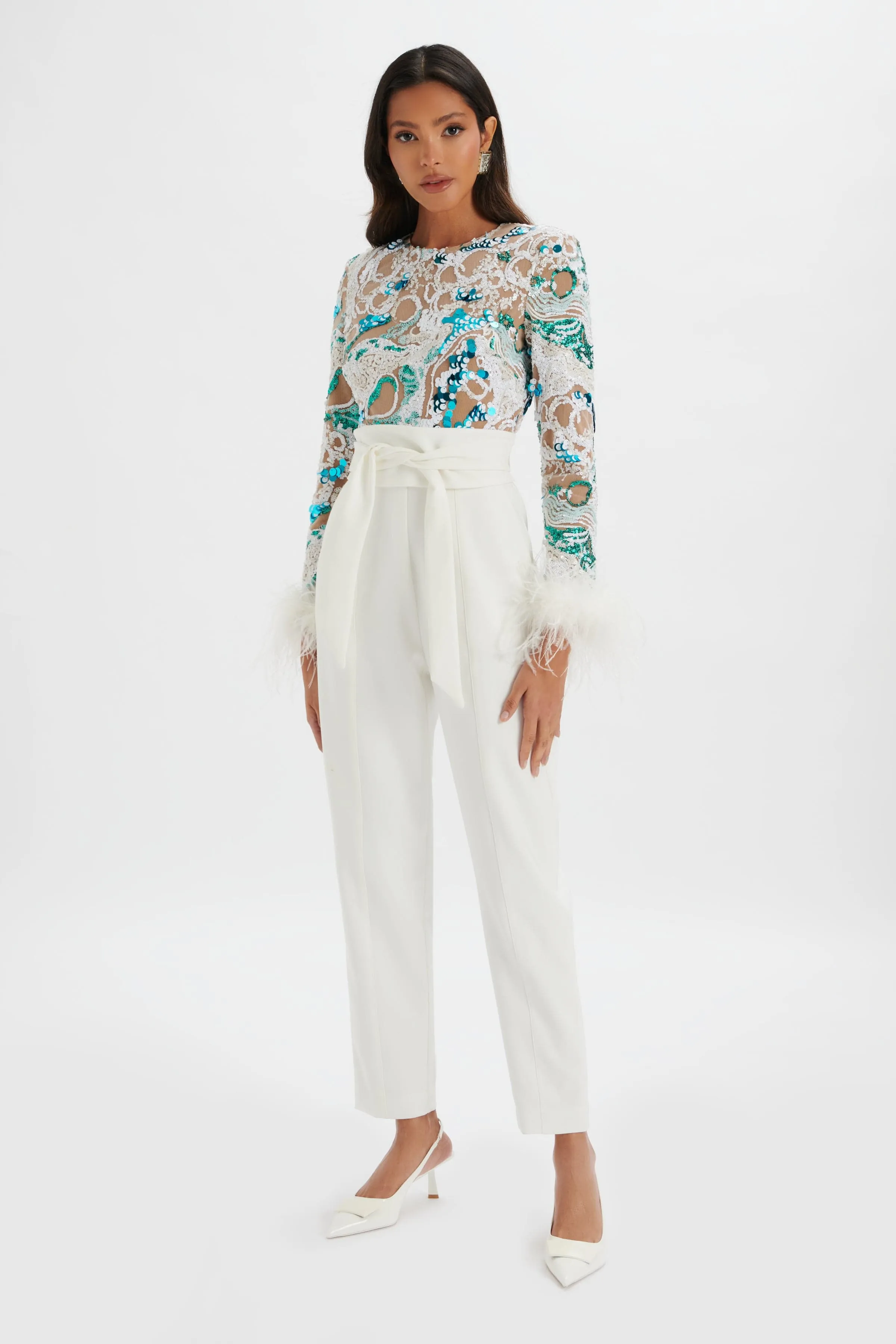 DELIA Embellished Feather Cuff Jumpsuit in White