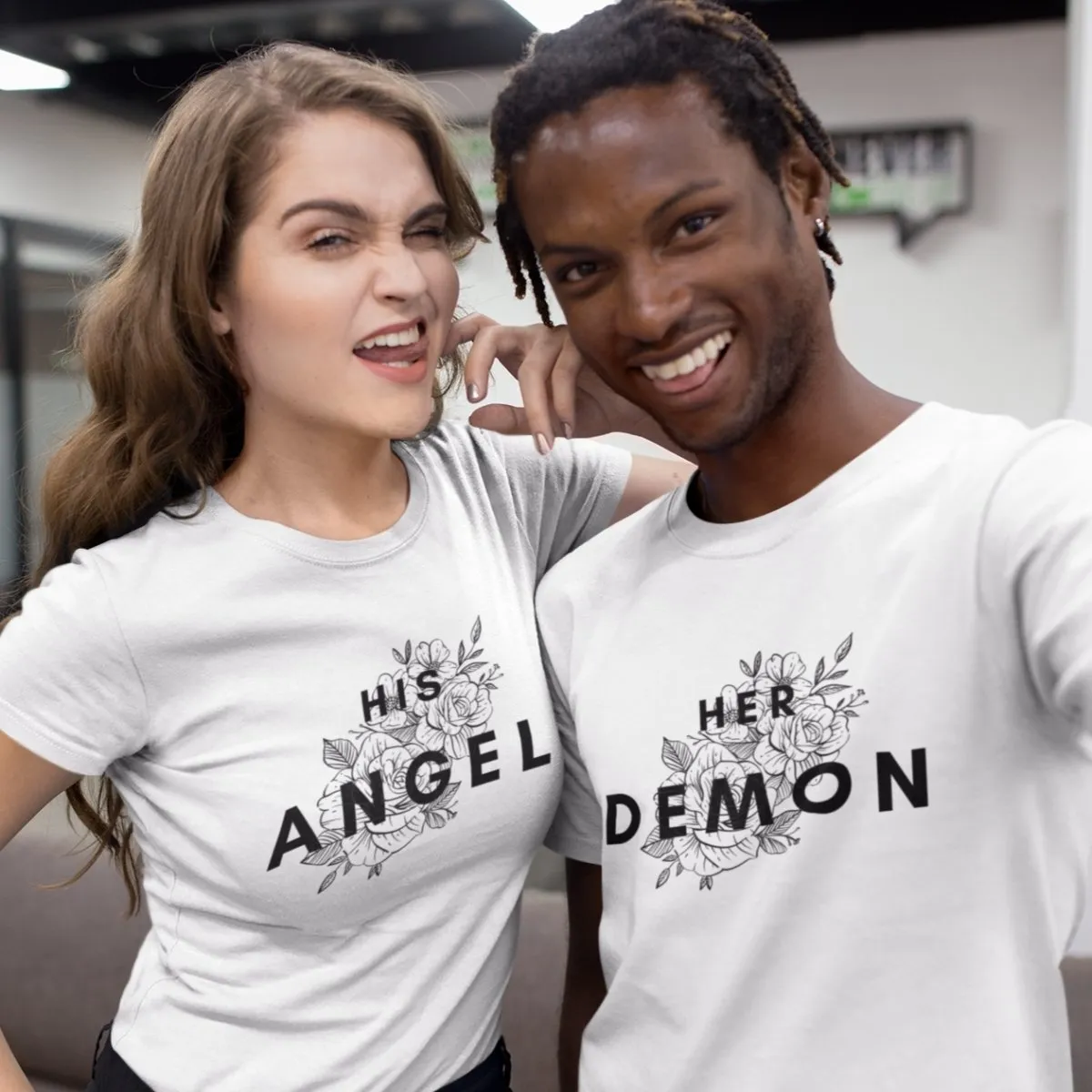 Demon And Angel White Couple T-Shirts