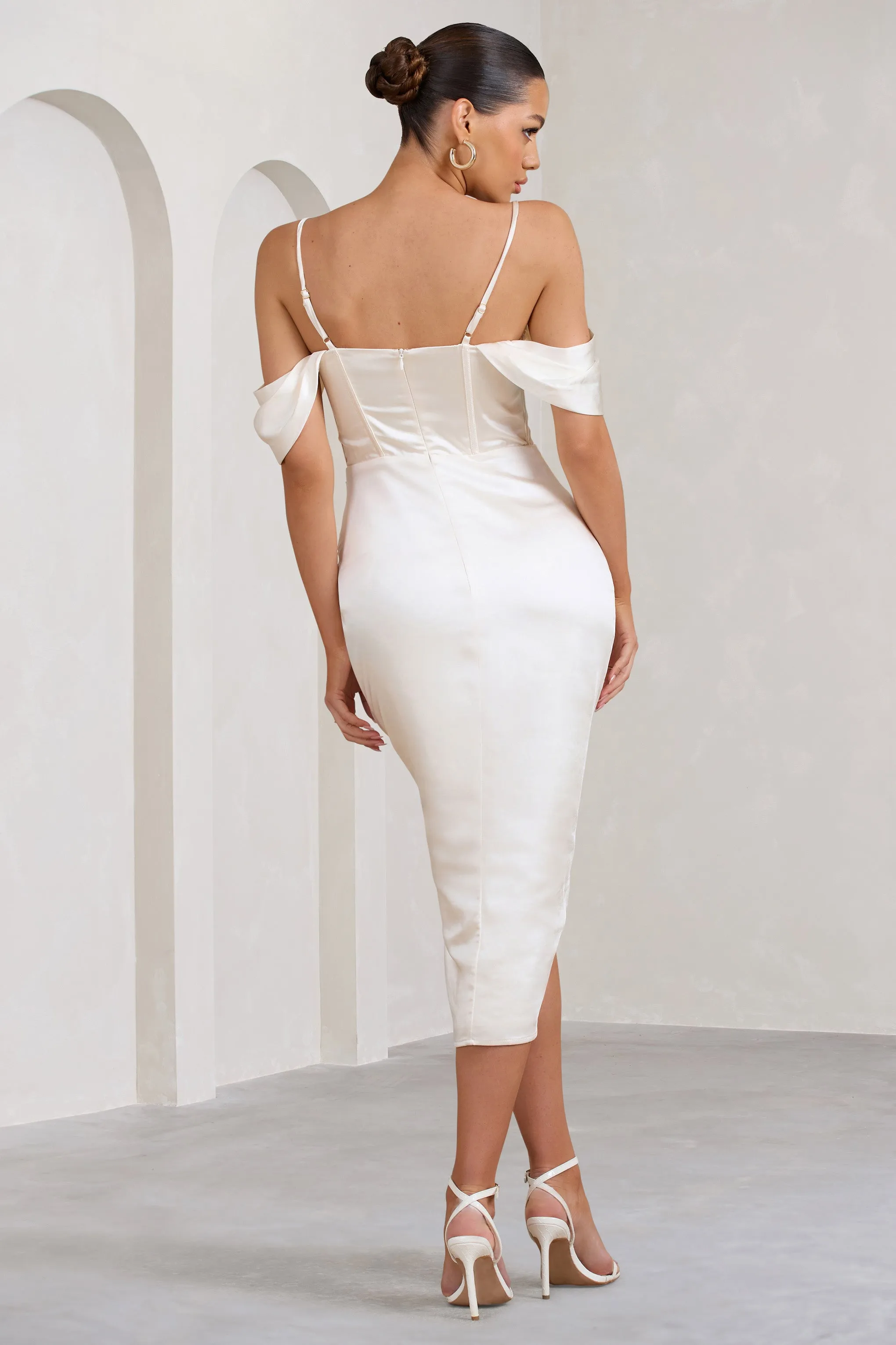 Deserving | Cream Satin Bardot Sleeve Corset Wrap Midi Dress