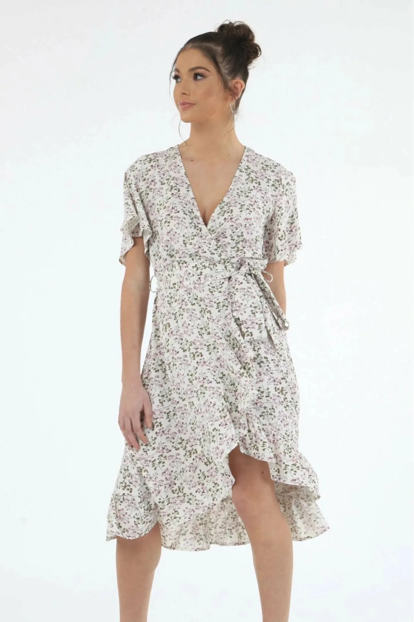 Double Second White Print Tea Sleeves Back Wrap Dress