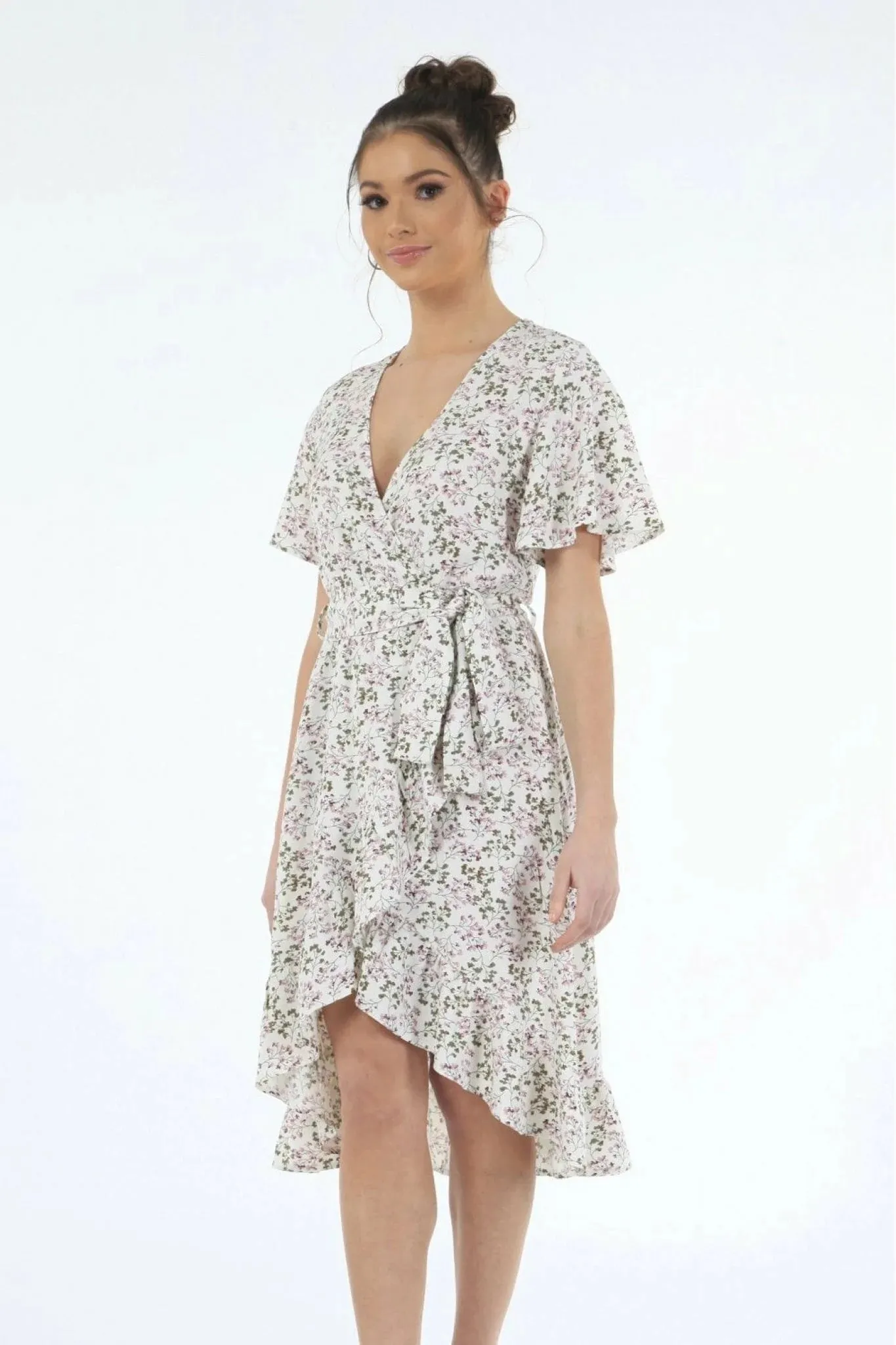 Double Second White Print Tea Sleeves Back Wrap Dress