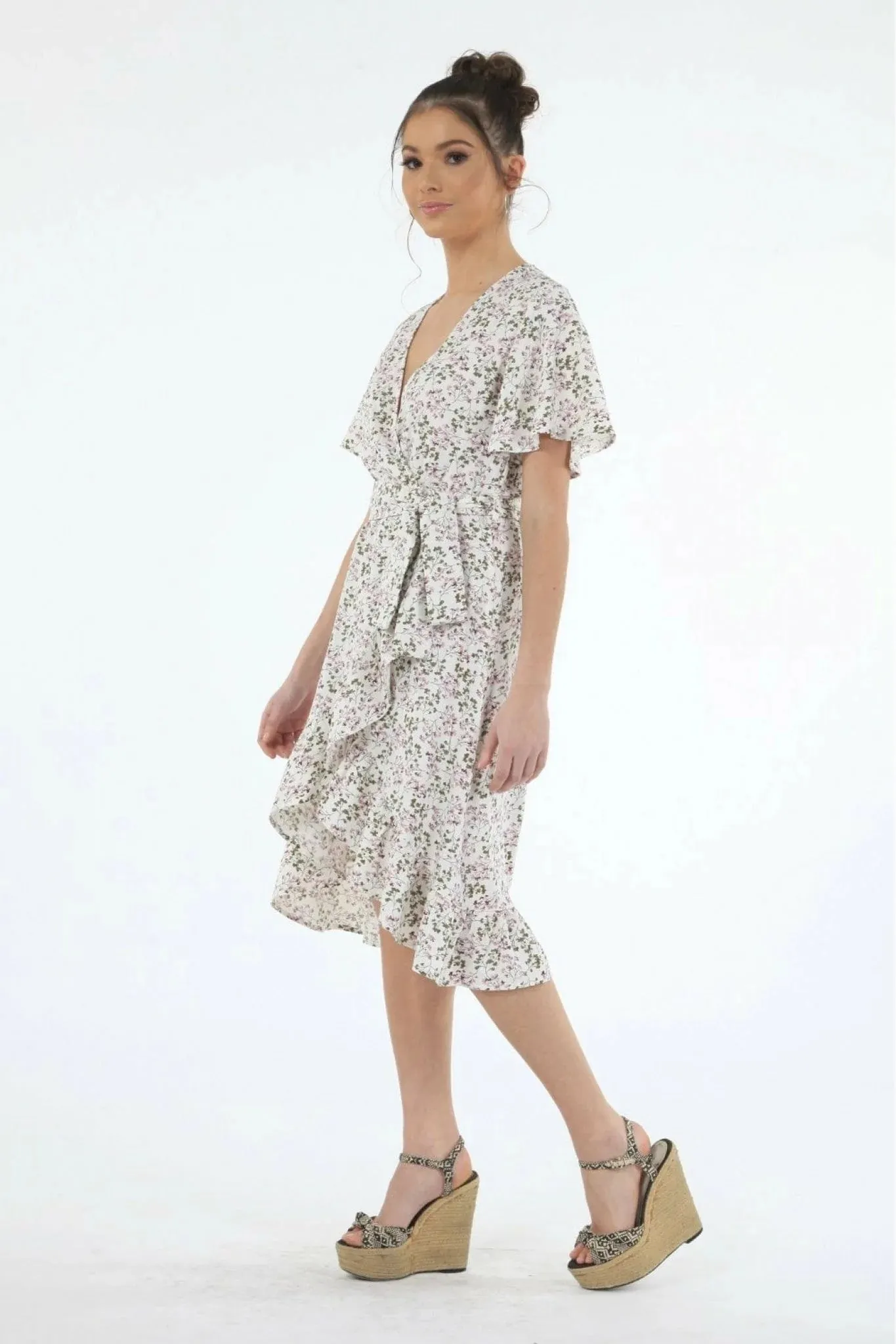 Double Second White Print Tea Sleeves Back Wrap Dress