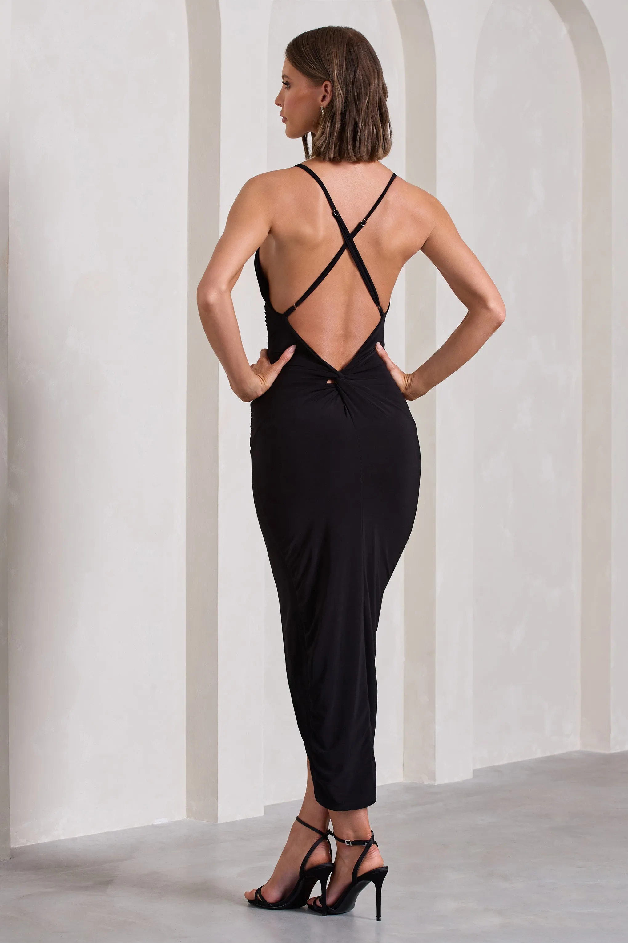 Enamour | Black Strappy Plunge-Neck Wrap Maxi Dress