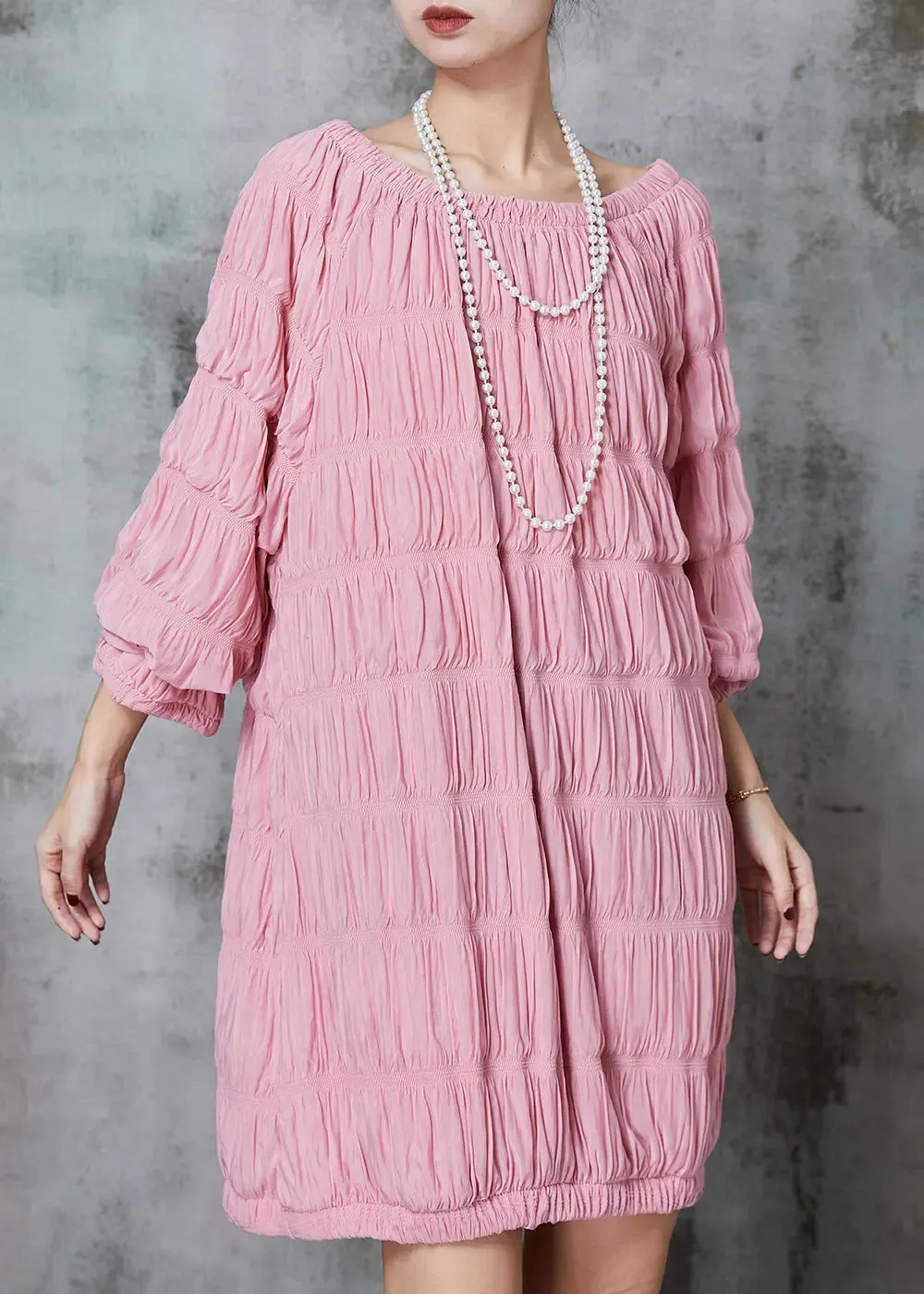 Fine Pink Slash Neck Wrinkled Cotton Mid Dress Spring JK1040