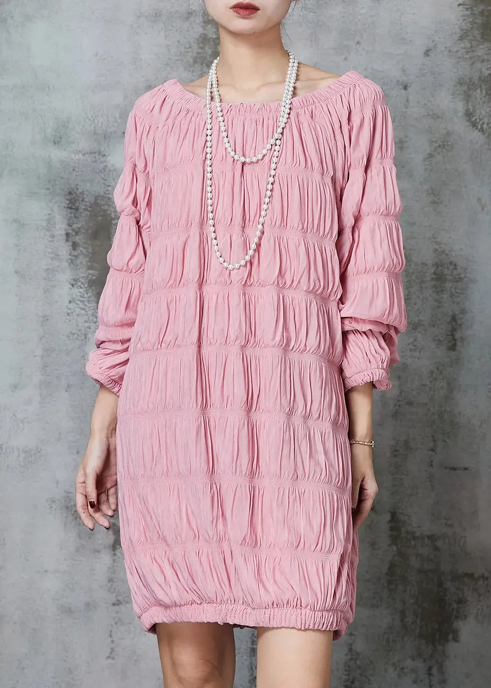 Fine Pink Slash Neck Wrinkled Cotton Mid Dress Spring JK1040