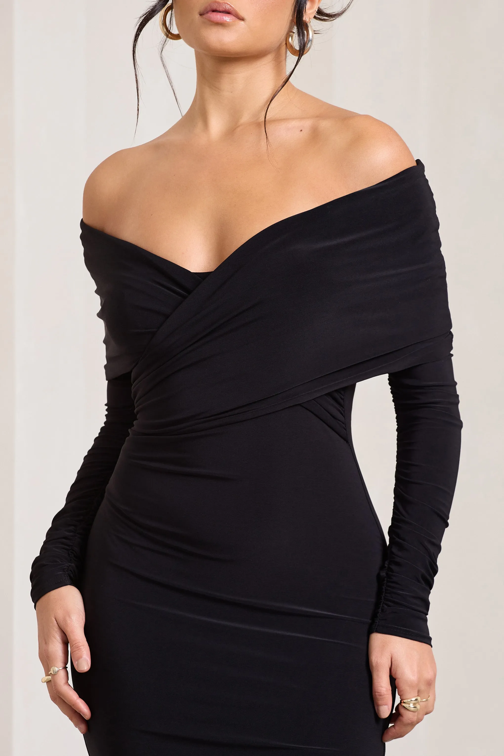 Flatter Me | Black Twist Front Bardot Midi Dress