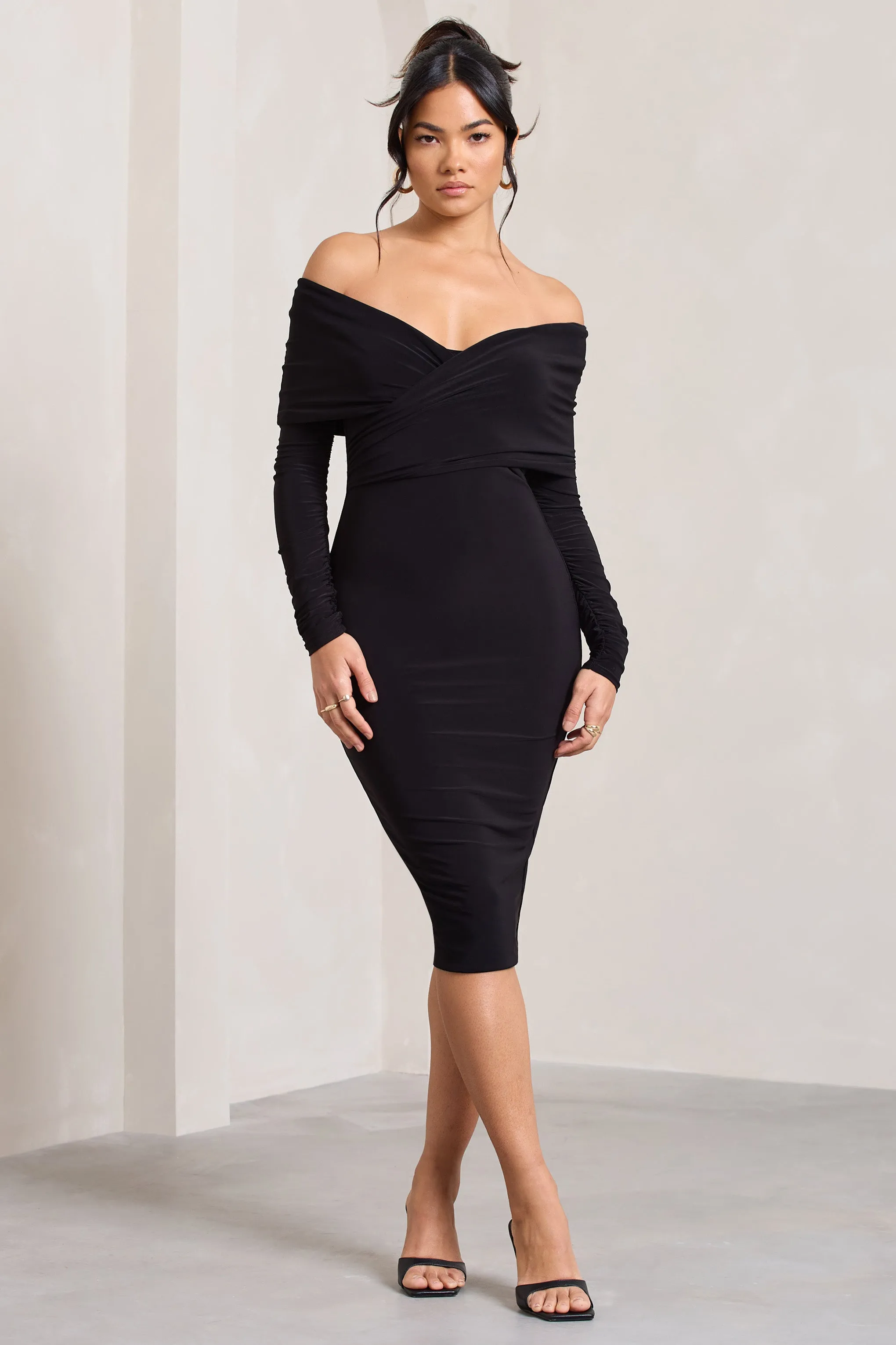 Flatter Me | Black Twist Front Bardot Midi Dress