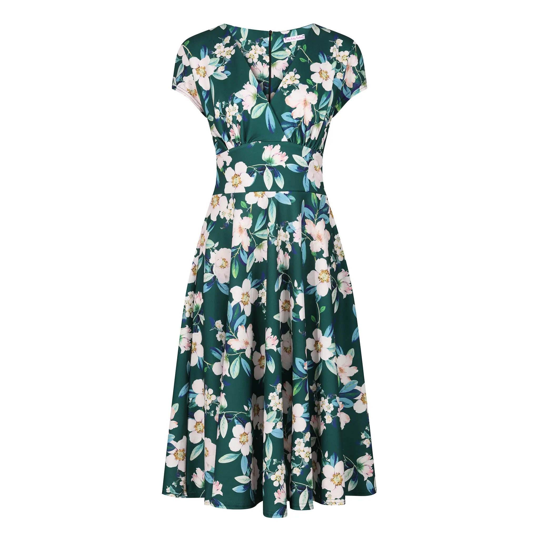 Forest Green Floral Vintage A Line Crossover Capped Sleeve Tea Swing Dress