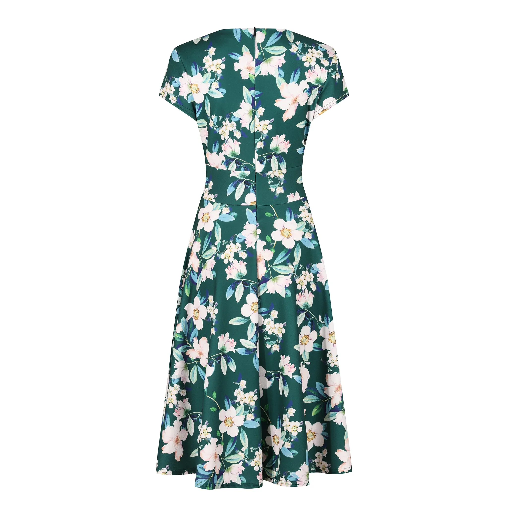 Forest Green Floral Vintage A Line Crossover Capped Sleeve Tea Swing Dress