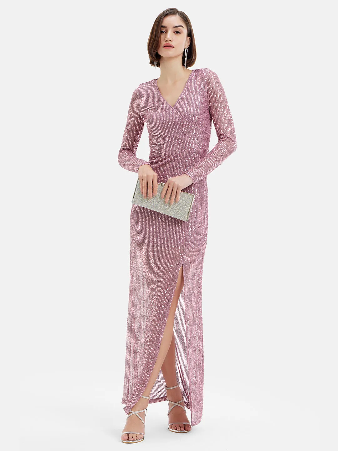 Full Sleeves Sequin Maxi Dress W Front Slit