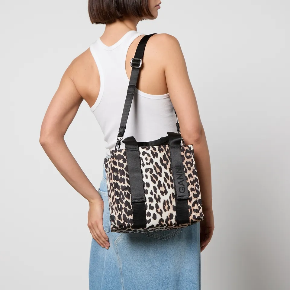 Ganni Tech Small Leopard-Print Canvas Tote Bag