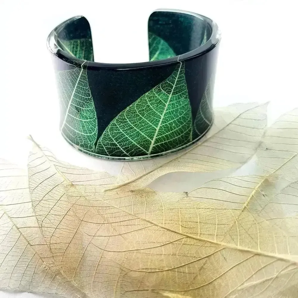 Green Skeleton Leaf  Wide Cuff | Recycled Perspex