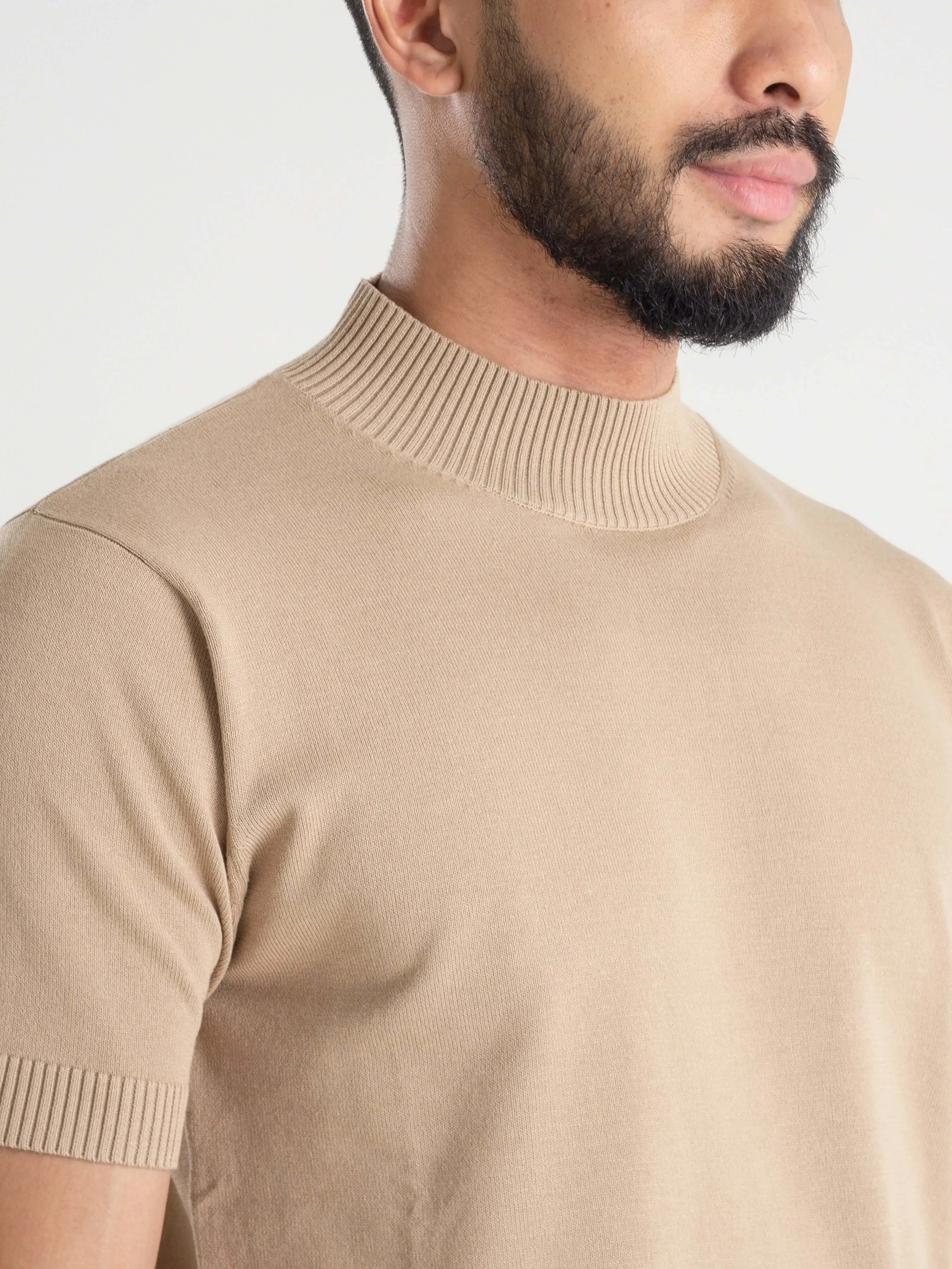 Knit Tee Ribbed Collar - Beige