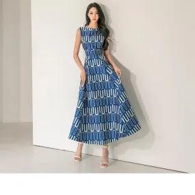 Korean Summer Women's Printed O Neck Sleeveless Ankle Length Dress