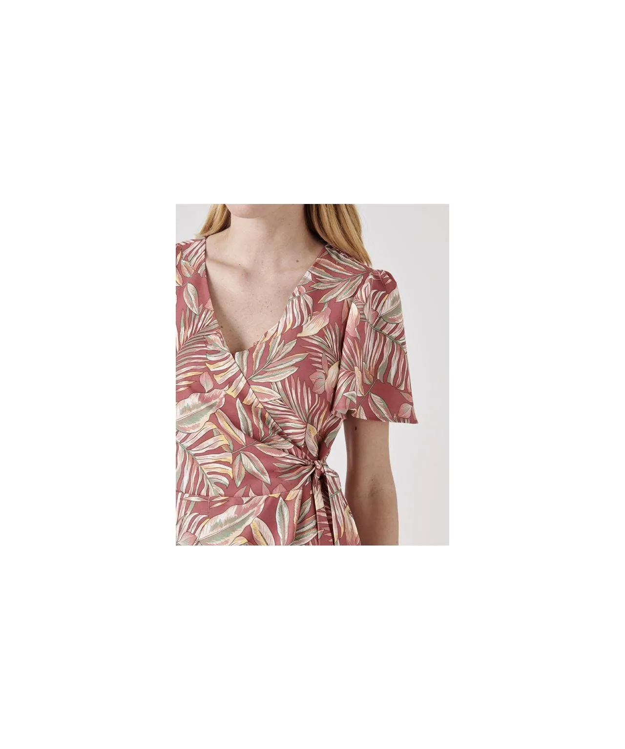 Leaf Print Mock Wrap Dress