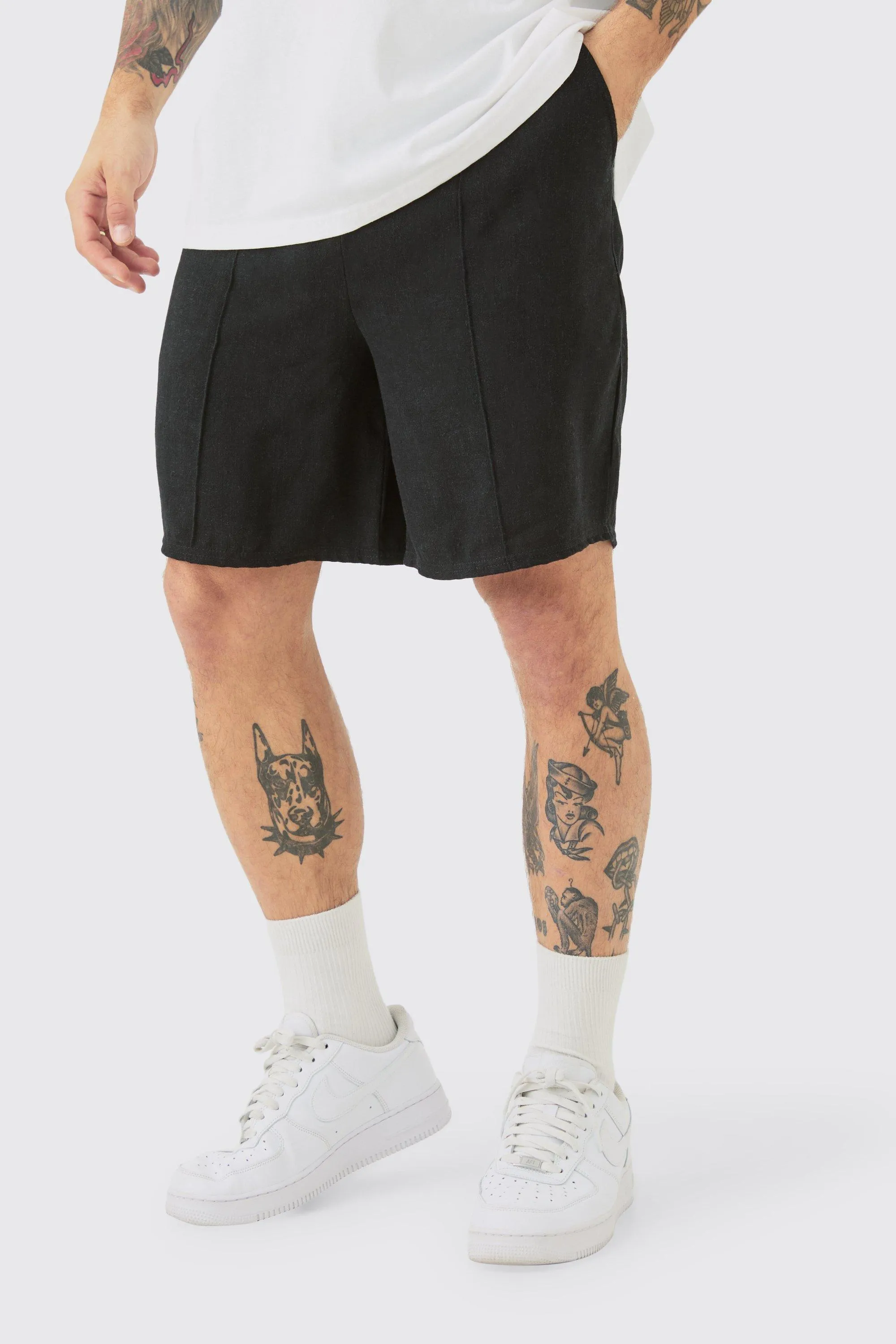 Linen Look Pin Tuck Elasticated Waist Relaxed Shorts | boohooMAN UK