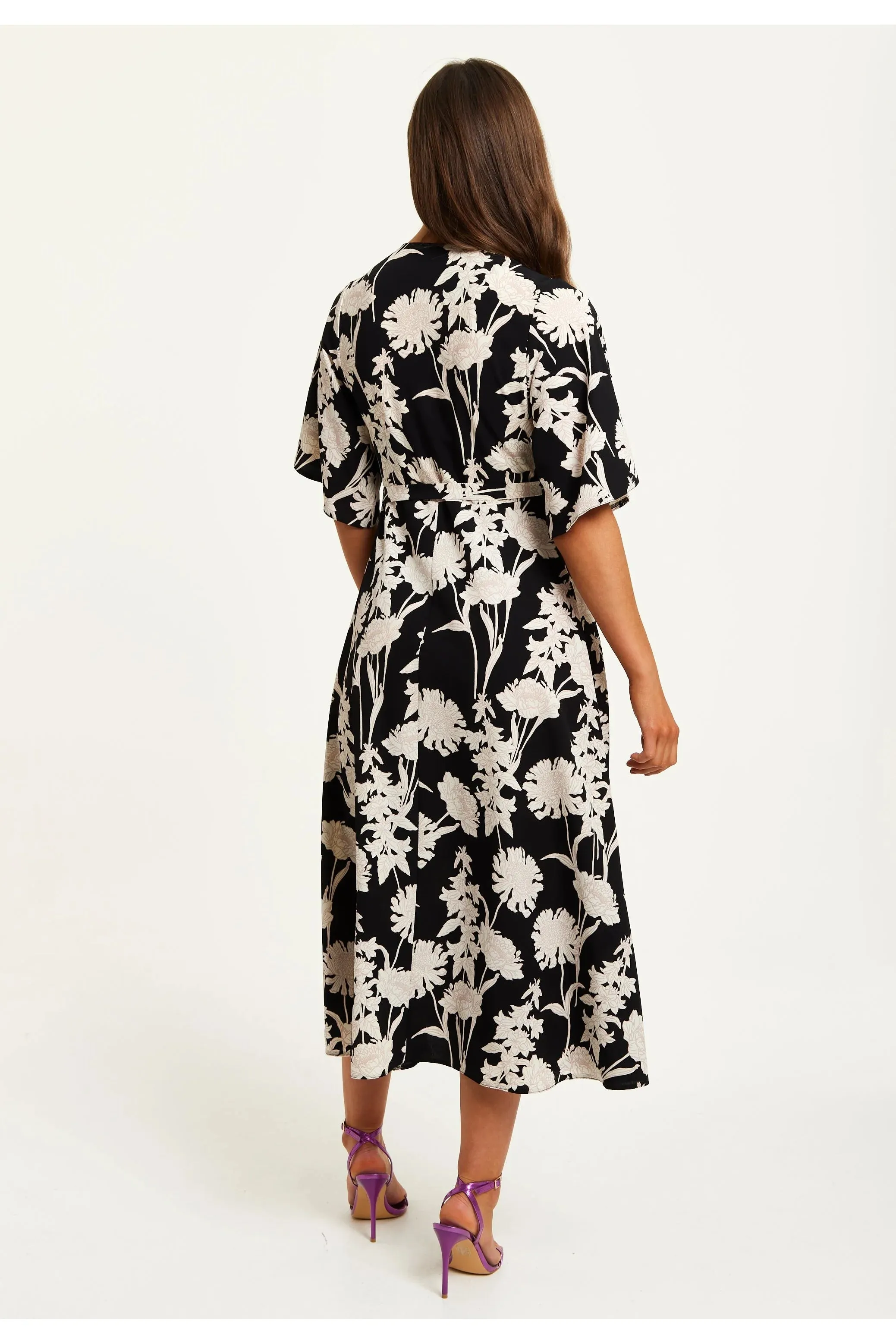 Liquorish Floral Print Midi Wrap Dress With Kimono Sleeves