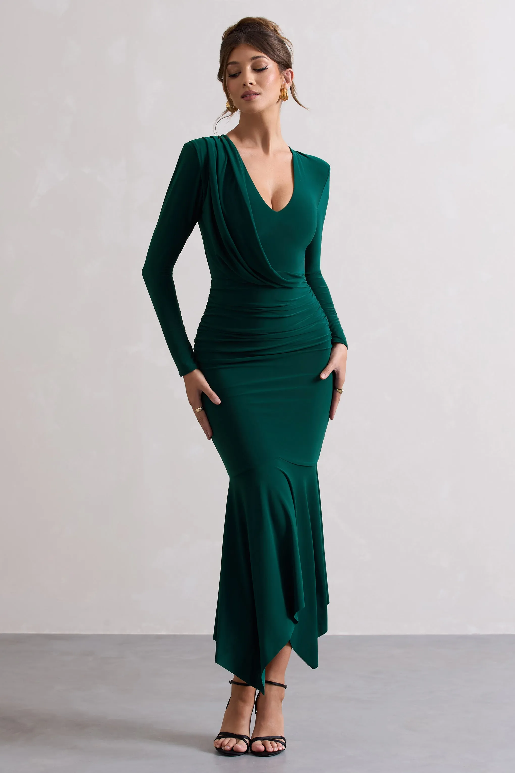 Milena | Bottle Green Plunge-Neck Maxi Dress With Draped Hem