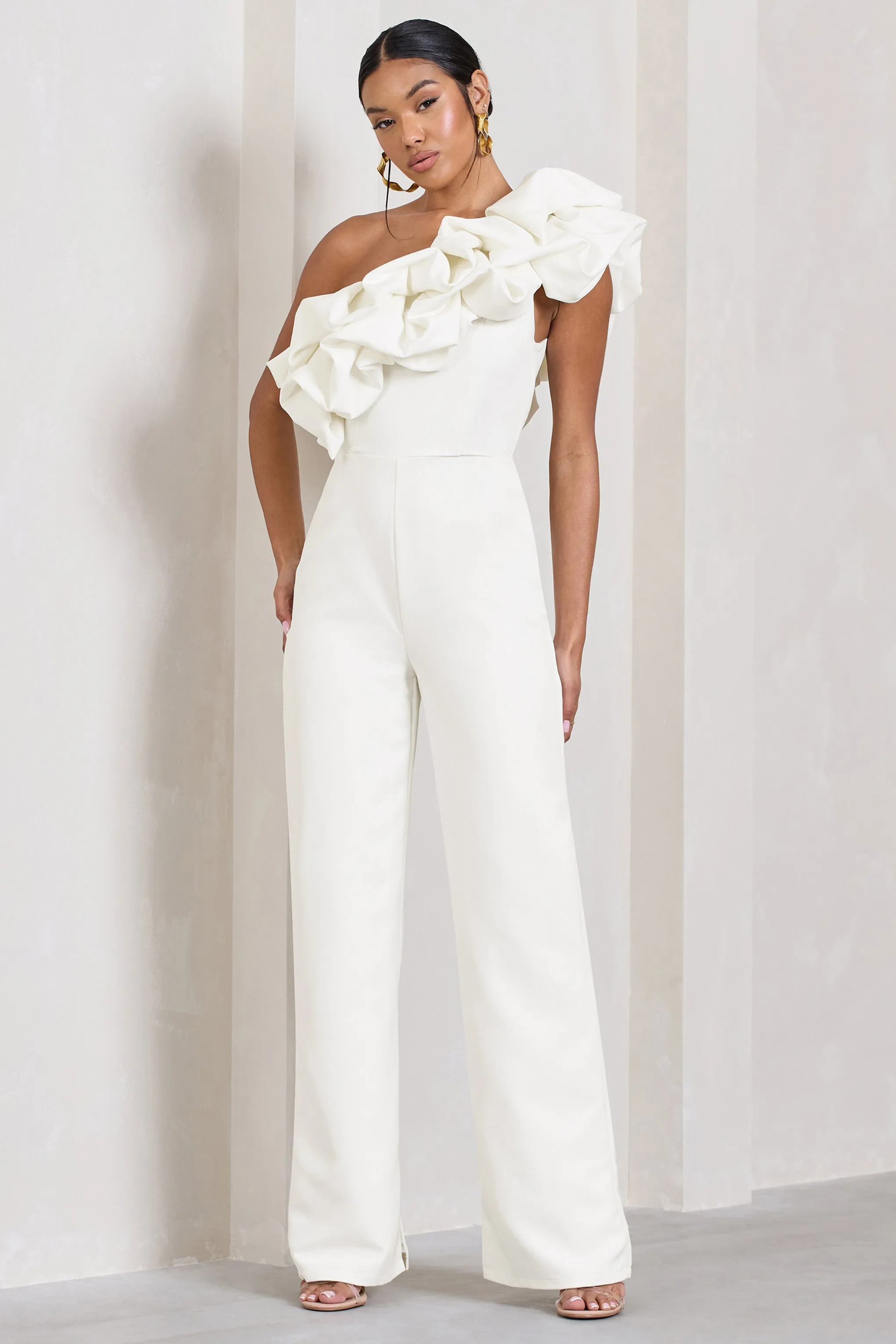 Monica | White Asymmetric Ruffled Wide-Leg Jumpsuit