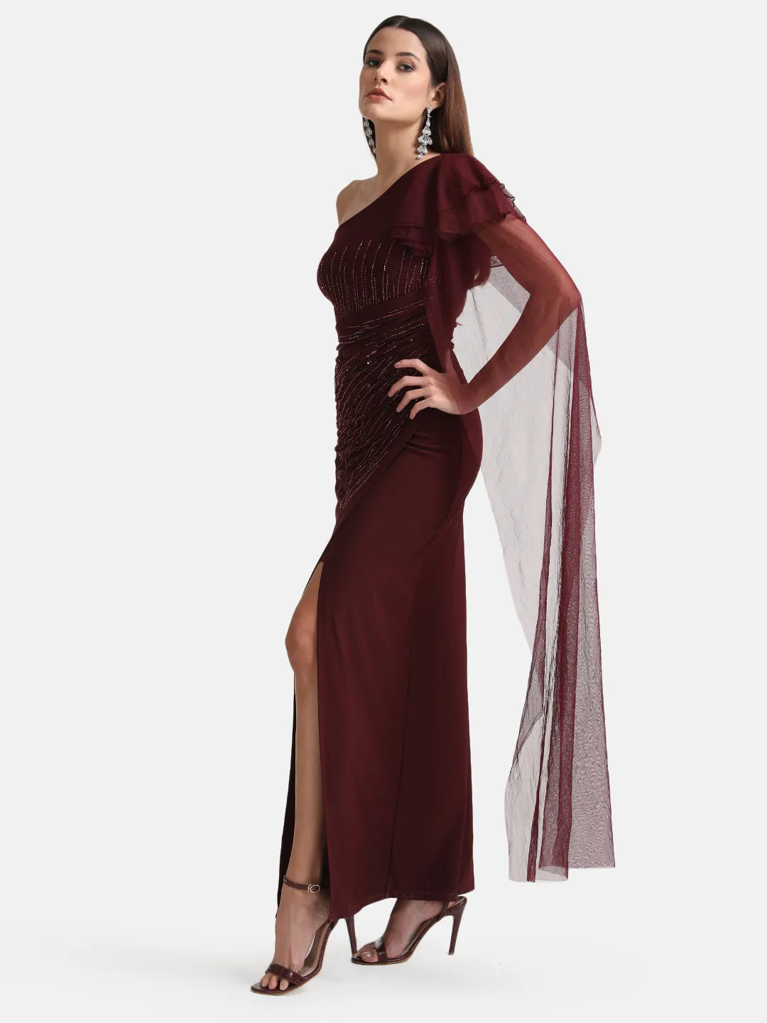 One Shoulder Maxi Dress With Drape And Embellishment