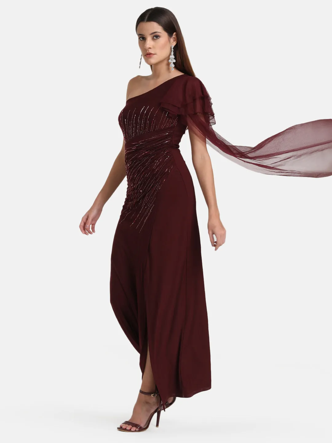 One Shoulder Maxi Dress With Drape And Embellishment