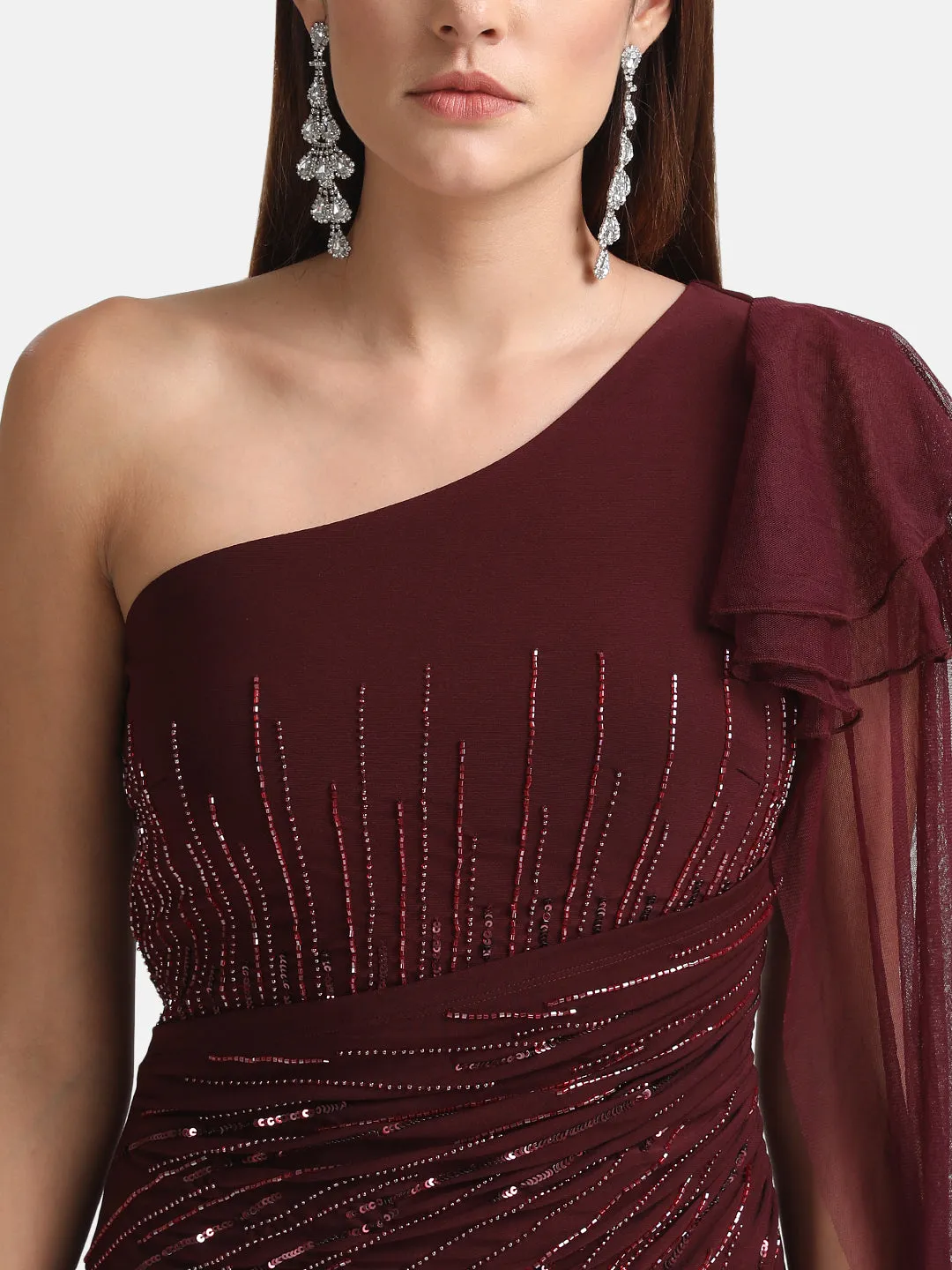 One Shoulder Maxi Dress With Drape And Embellishment