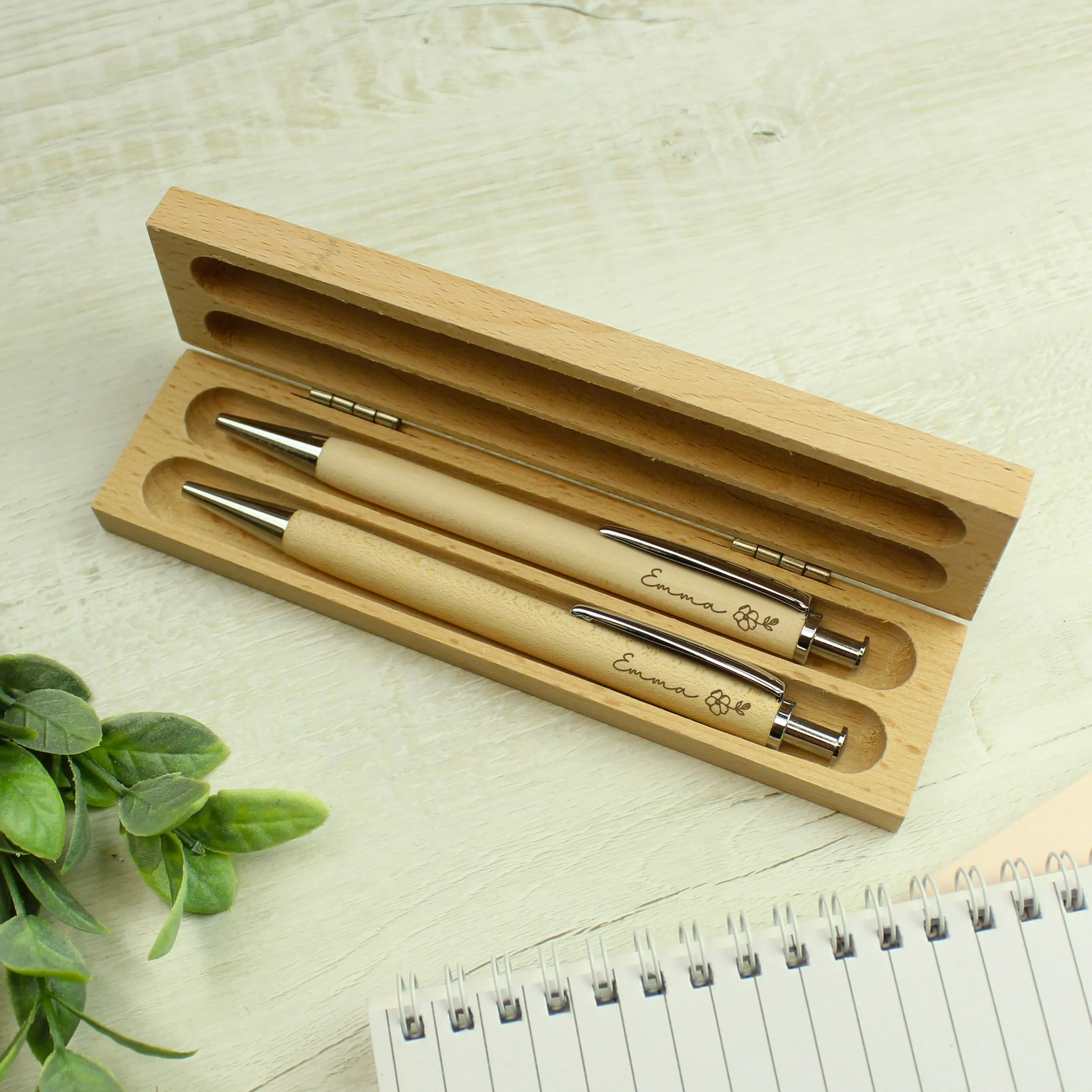 Personalised Floral Wooden Pen and Pencil Set